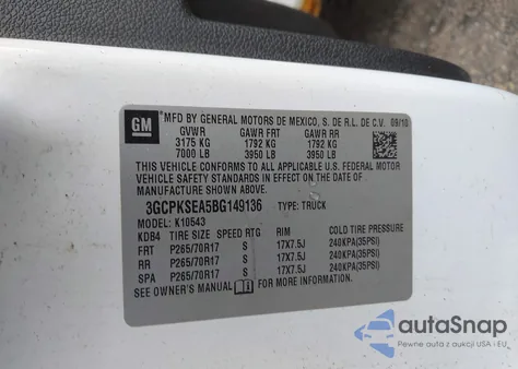 2011 Chevrolet Silverado 1500 Lt из США, поврежденный, VIN 3GCPKSEA5BG149136